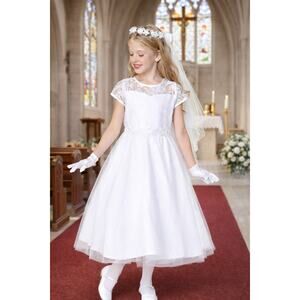 NEW Girls First Holy Communion Dress Size 10 -Lace Bodice Tulle Skirt Tea-length